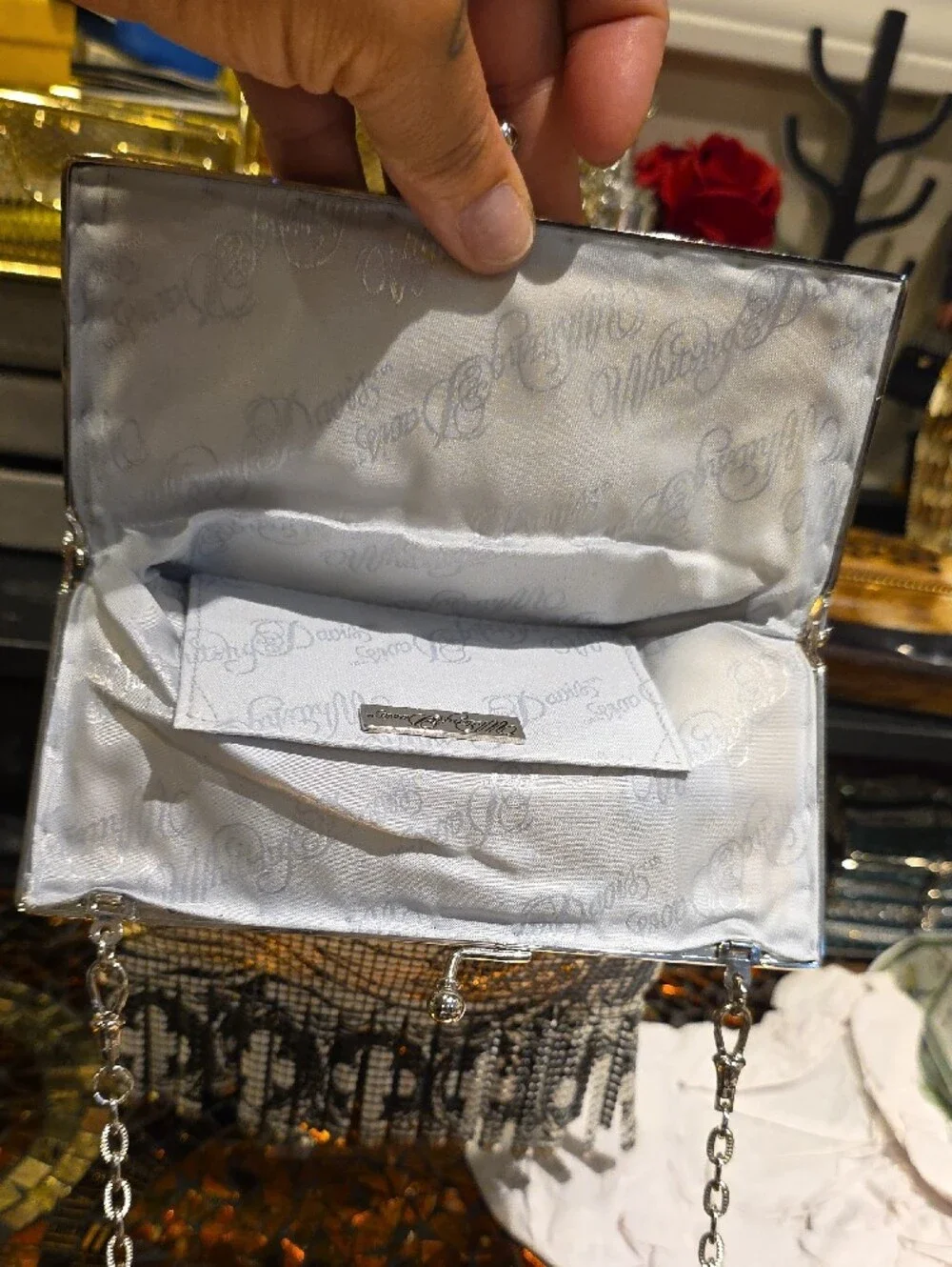 Silver Crystal Mesh Key & Card Holder with Embossed Art
